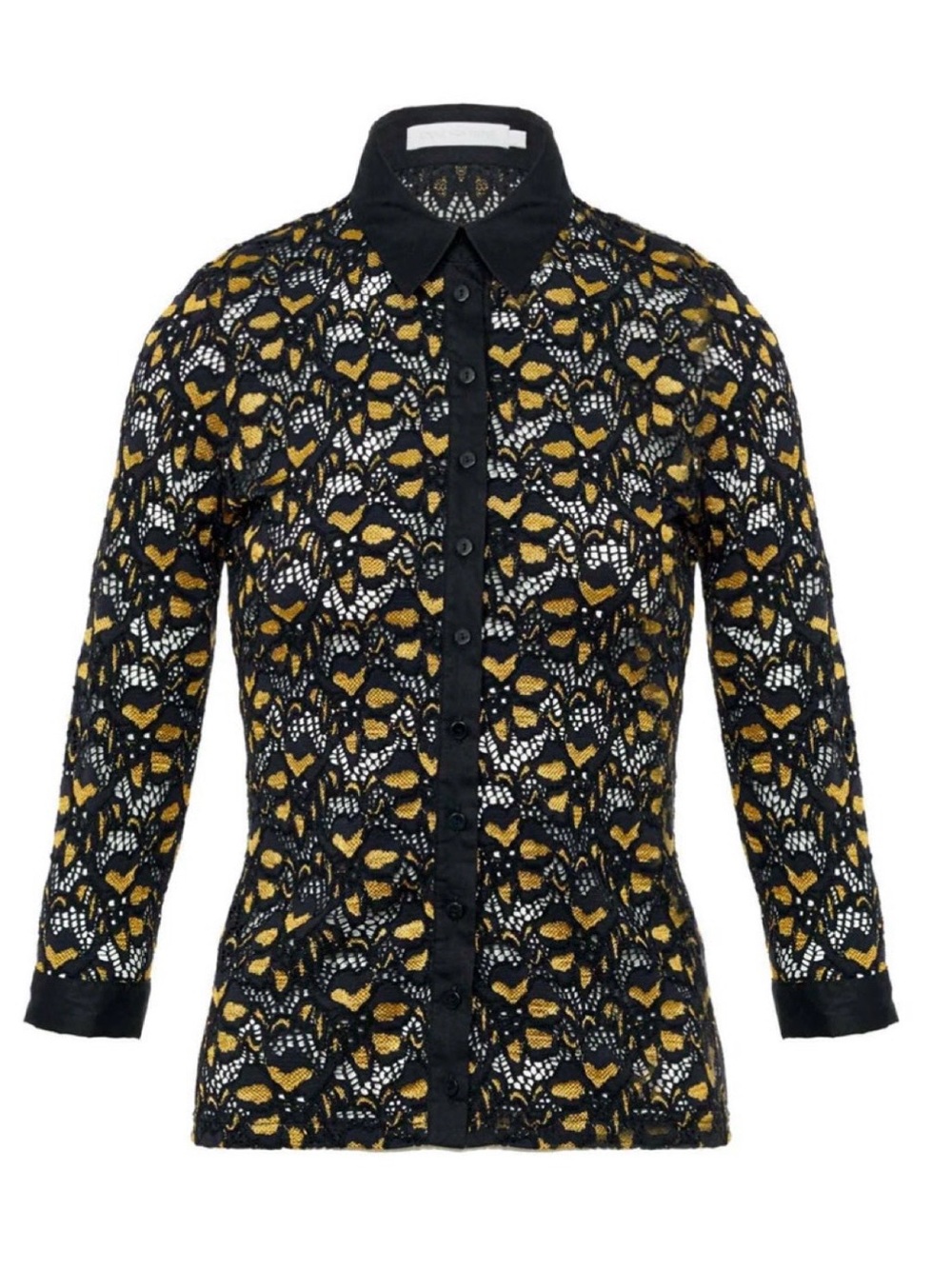 Anne Fontaine Black and Gold Stretch Lace Button-Down Ling Sleeve Shirt